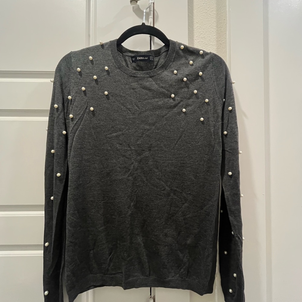 Zara Gray Pearl-Embellished Sweater